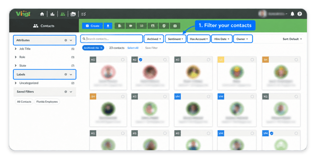 Contact filters page with labels, attributes, search, and quick-select options highlighted